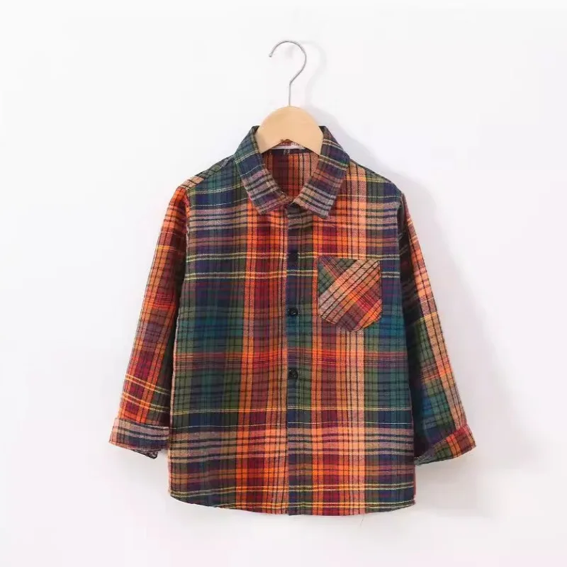 Autumn Kid Boys Solid Cotton Clothes Vintage Plaid Shirt Children Girls Long Sleeve Lapel Single Breasted Cardigan T-shirt Top