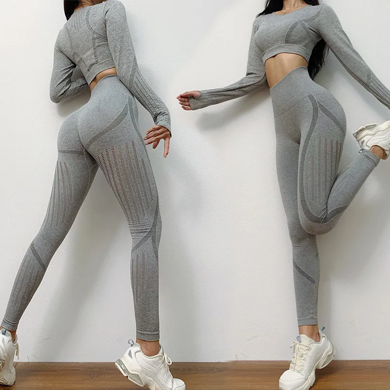 

Women's Yoga Suit Set Sports Long Sleeved Clothing Top Seamless High Waist Tight Fitting Breathable Pants Fitness Sportswear