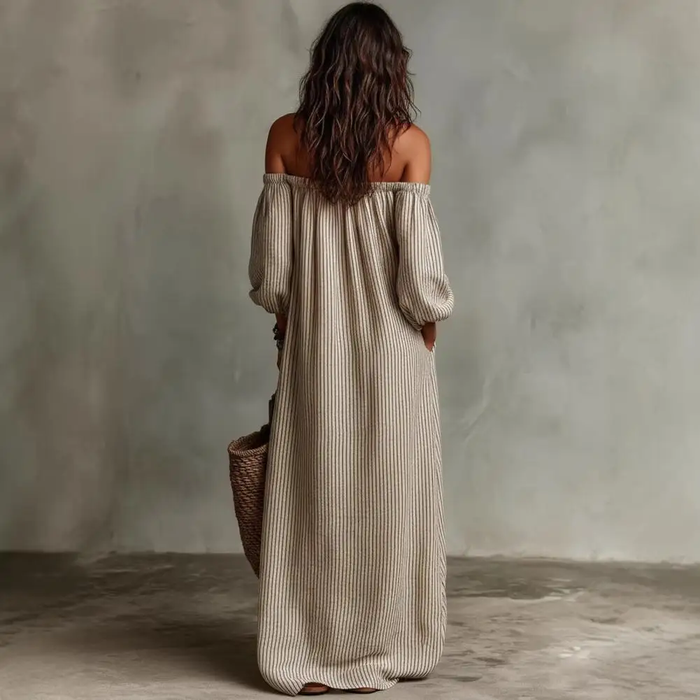 

Spring Summer Women's Off Shoulder Maxi Dress Striped Puff Long Dress Summer Beach Vacation Sundress with Pockets Sexy Off Shoul