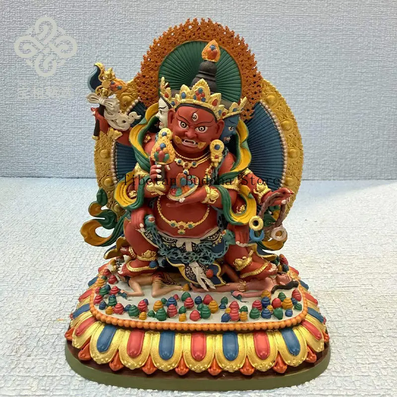 Three heads and six arms red god of wealth pure copper Buddha statue painted Tibetan tantra offering ornament selection q1 red g