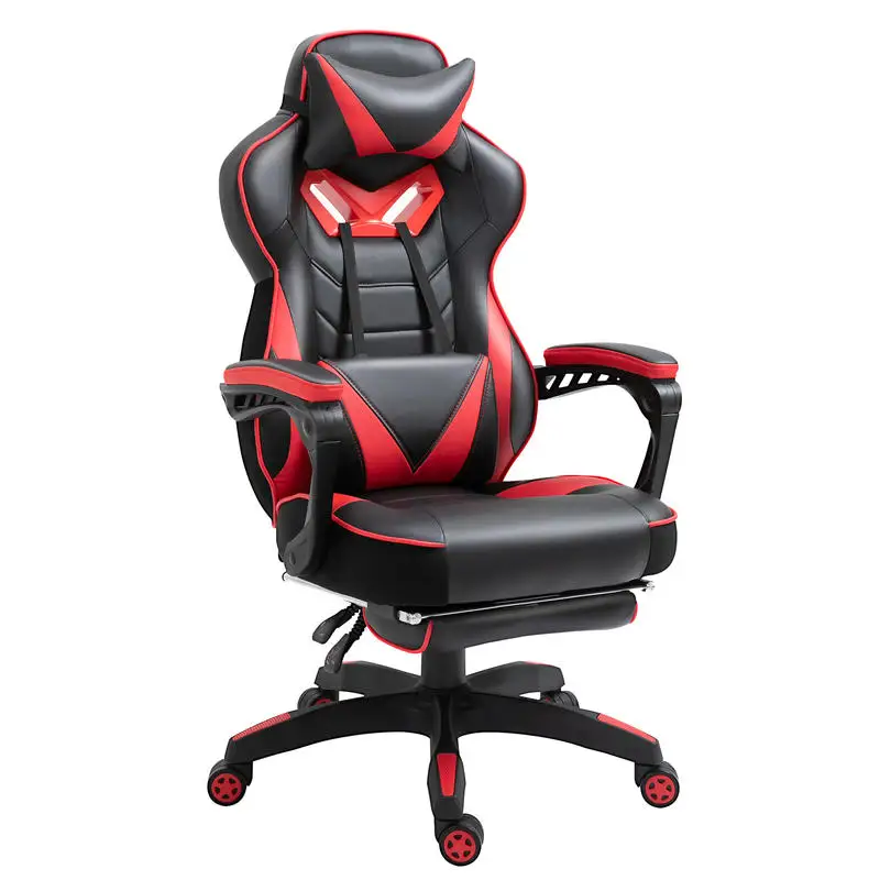 Chaise de gaming ergonomique, fauteuil de bureau confortable avec repose-pieds, appui-tête et coussin lombaire, hauteur réglable, noir et rouge