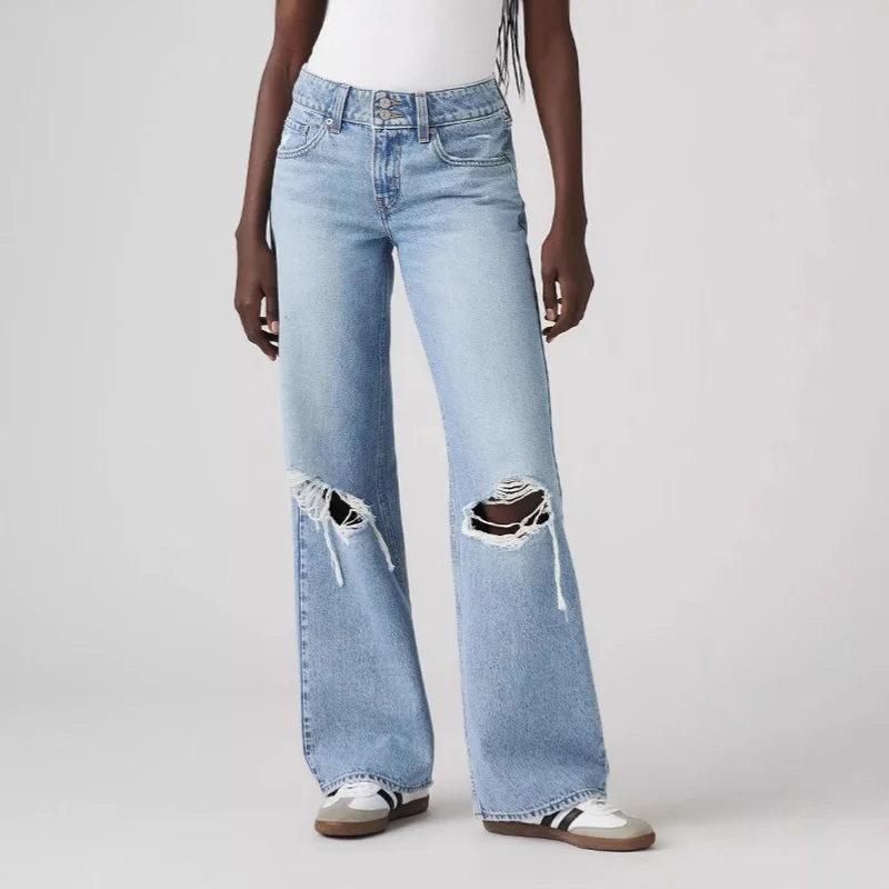 Damen-Jeans mit hoher Taille, weites Bein, zerrissenem Knie, lässige Jeans, neu für den Herbst 2022, modische Denim-Hose mit lockerer Passform, bequem, trendiger Stil