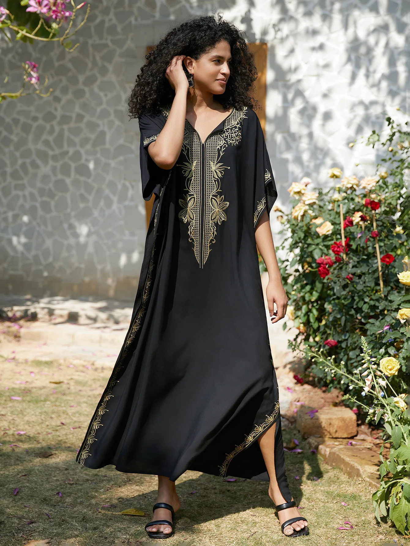 Swimsuit Cover Ups Embroidery V Neck Short Sleeve Swim Cover Up for Women Kaftan Dresses