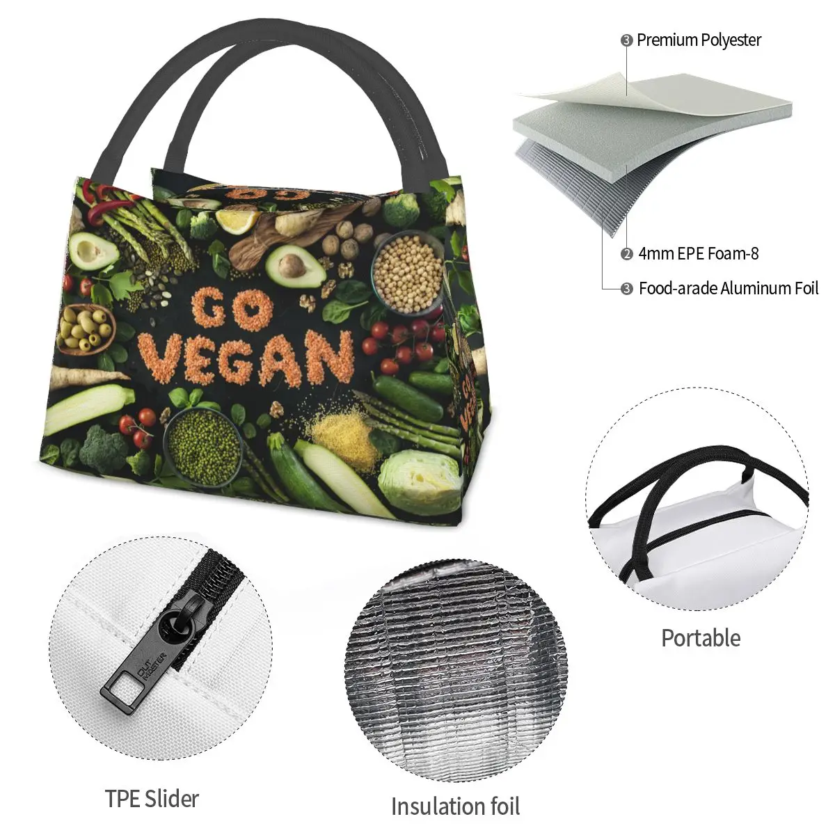 Vegetarian Go Vegan Merch Lunch Boxes Waterproof Insulated Oxford Cooler Bag Veganism Thermal Cold Food Picnic Lunch Box