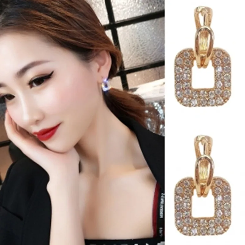 S925 Silver Needle Super Flash Fashion Ear Buckle Temperament Wild Net Red Earrings Geometric Square Rhinestone Earrings Jewelry