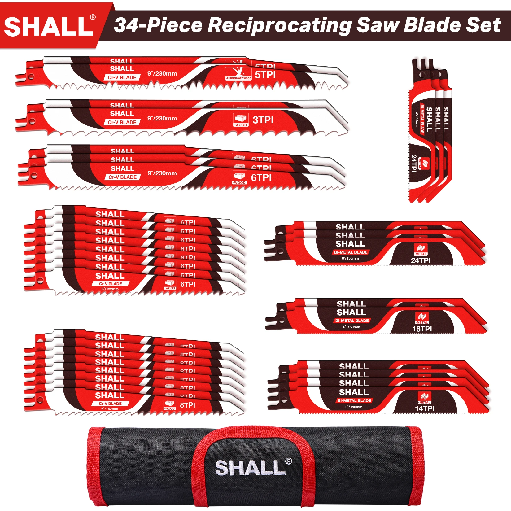 SHALL Reciprocating Saw Blades 34pcs Replacement Saw Blade Kit for Tree Pruning, for Wood Metal and Plastic with Storage Bag