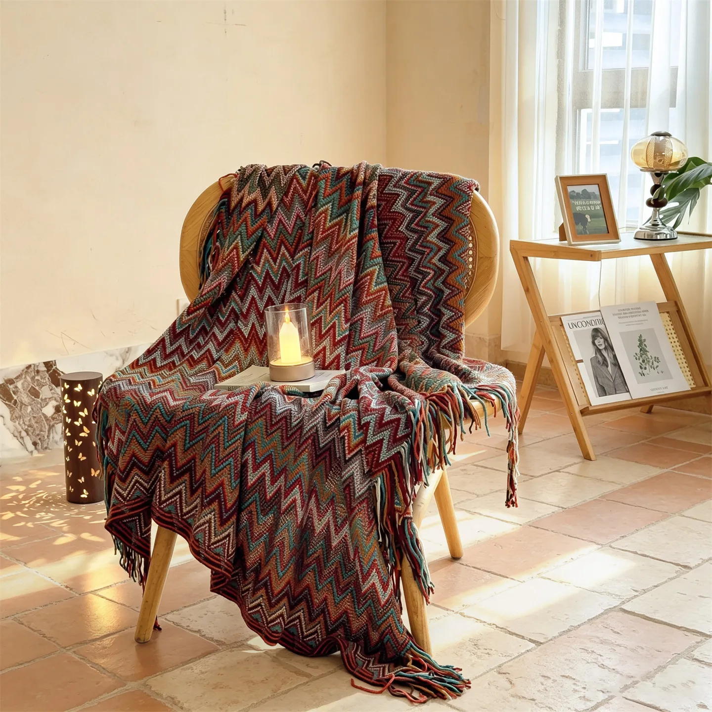 Bohemian Knitted Throw Blanket – Autumn Winter Lightweight Wrap for Couch, Office, Travel Nap, Boho Shawl, Bed End