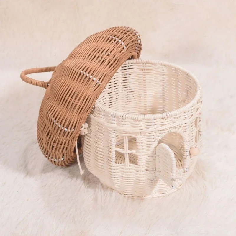 Cestino per funghi in rattan Simpatico cartone animato intrecciato a mano con dado Cestino in vimini Picnic all\'aperto Borsa da donna in paglia