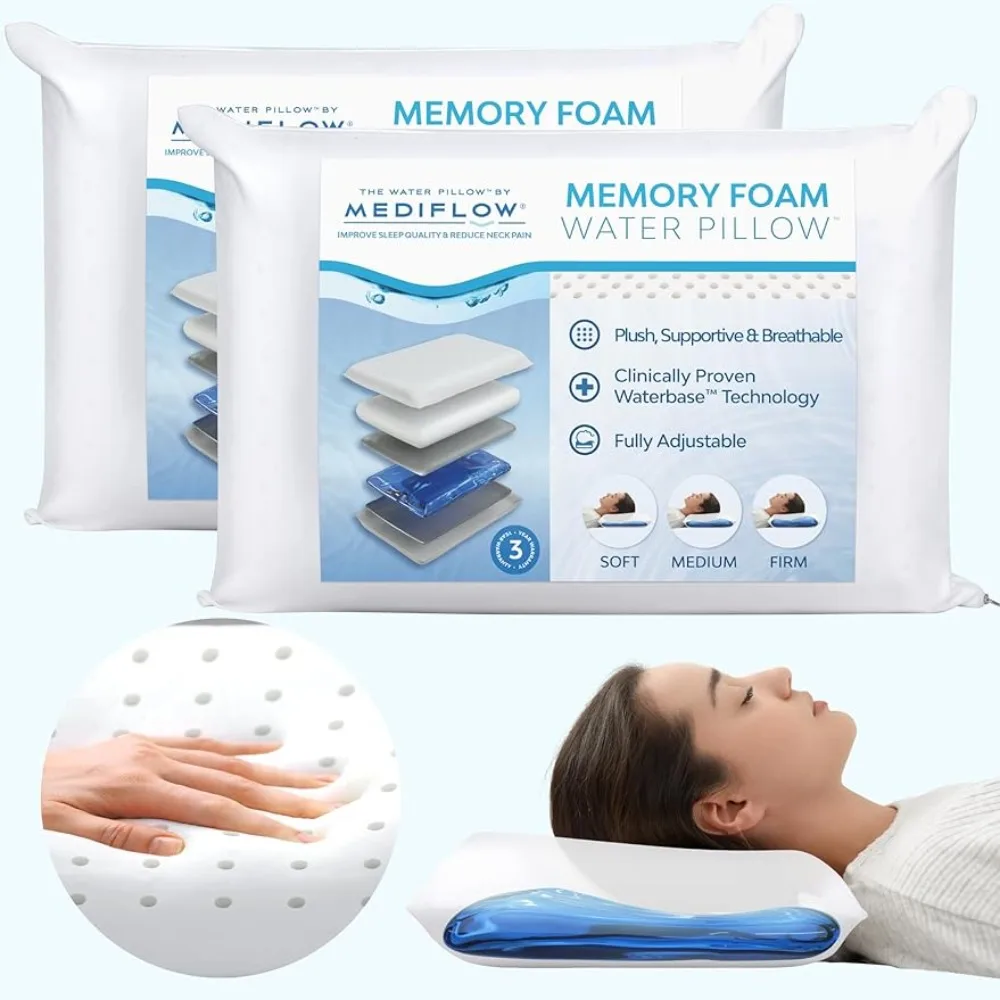 Mediflow Water Pillow Memory Foam re-Invented with Waterbase Technology - Clinically Proven to Reduce Neck Pain & Improve Sleep