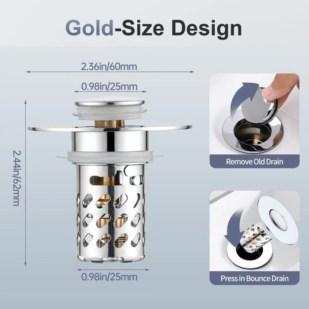Bathroom Sink Stopper with Hair Catcher for US Standard Drains 1.1 to 2.36 Inches Chrome Stainless Steel Brass Core