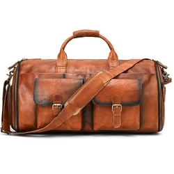 Soft Cowskin Leather Travel Duffle Bag Men Women Weekender Shoulder Hand Luggage Suit Carry-On Fashionable Male Weekender Bag