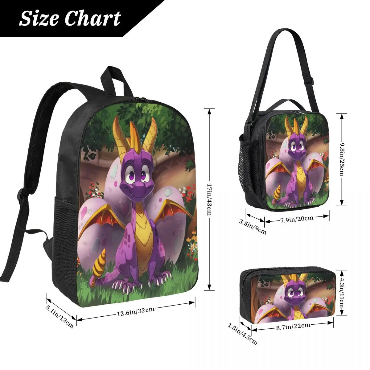 

Рюкзак с узором Spyro, студенческая сумка для книг для мальчиков и девочек, школьная сумка, компьютерные сумки на плечо, изолированная сумка для обеда 3 шт., пенал