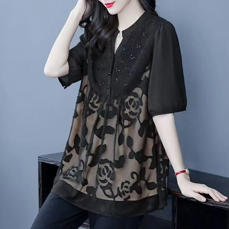 

New Chinese Style Large Size Women's Shirts 2026 New Summer Loose Top Middle-aged Elderly Mother Embroidered Jacquard Shirt 6XL