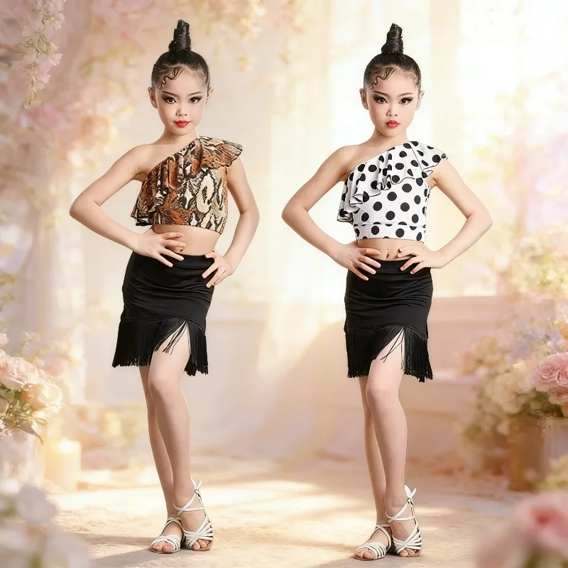 

New Summer Girls Latin Dance Fringe Skirt Set Children's One-Shoulder Practice Wear performance accessories Competition Attire