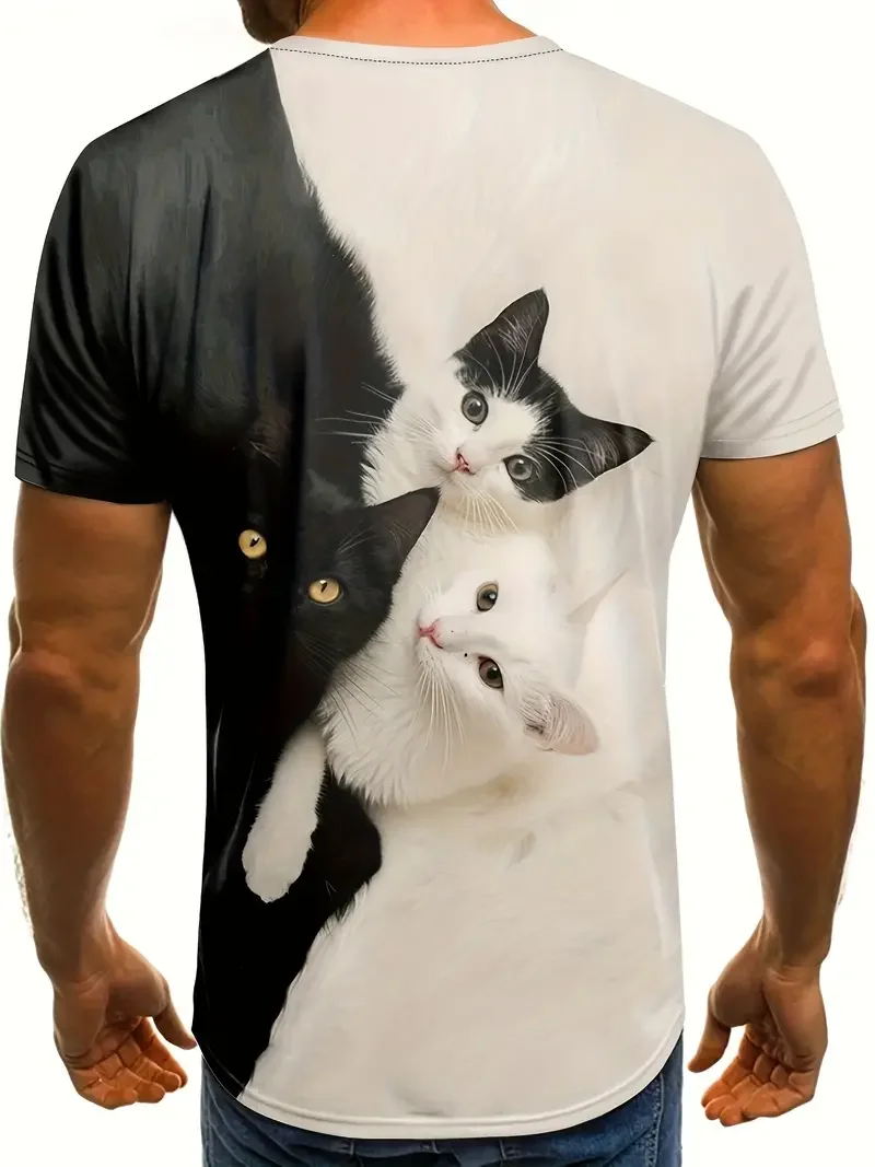 Men\'s T Shirt 3d Contrast Color Cute Cat Pattern T-Shirt Crew Neck Short Sleeve Outdoors Oversized Clothing Leisurewear