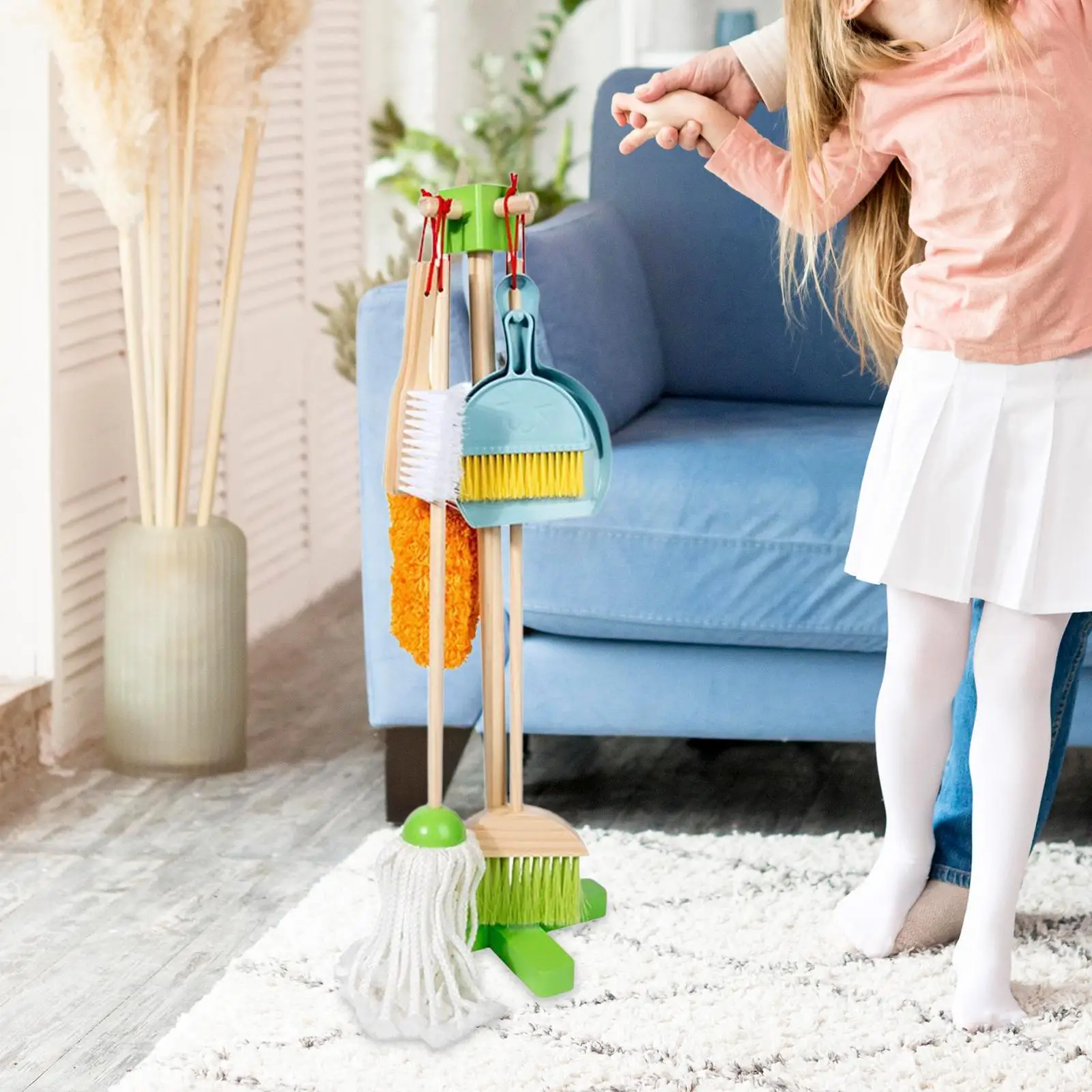 Zestaw do sprzątania dla dzieci, zabawka edukacyjna do zabawy w sprzątanie domu, miotła, mop, miotełka, szufelka, szczotka i stojak dla chłopców i dziewcząt.