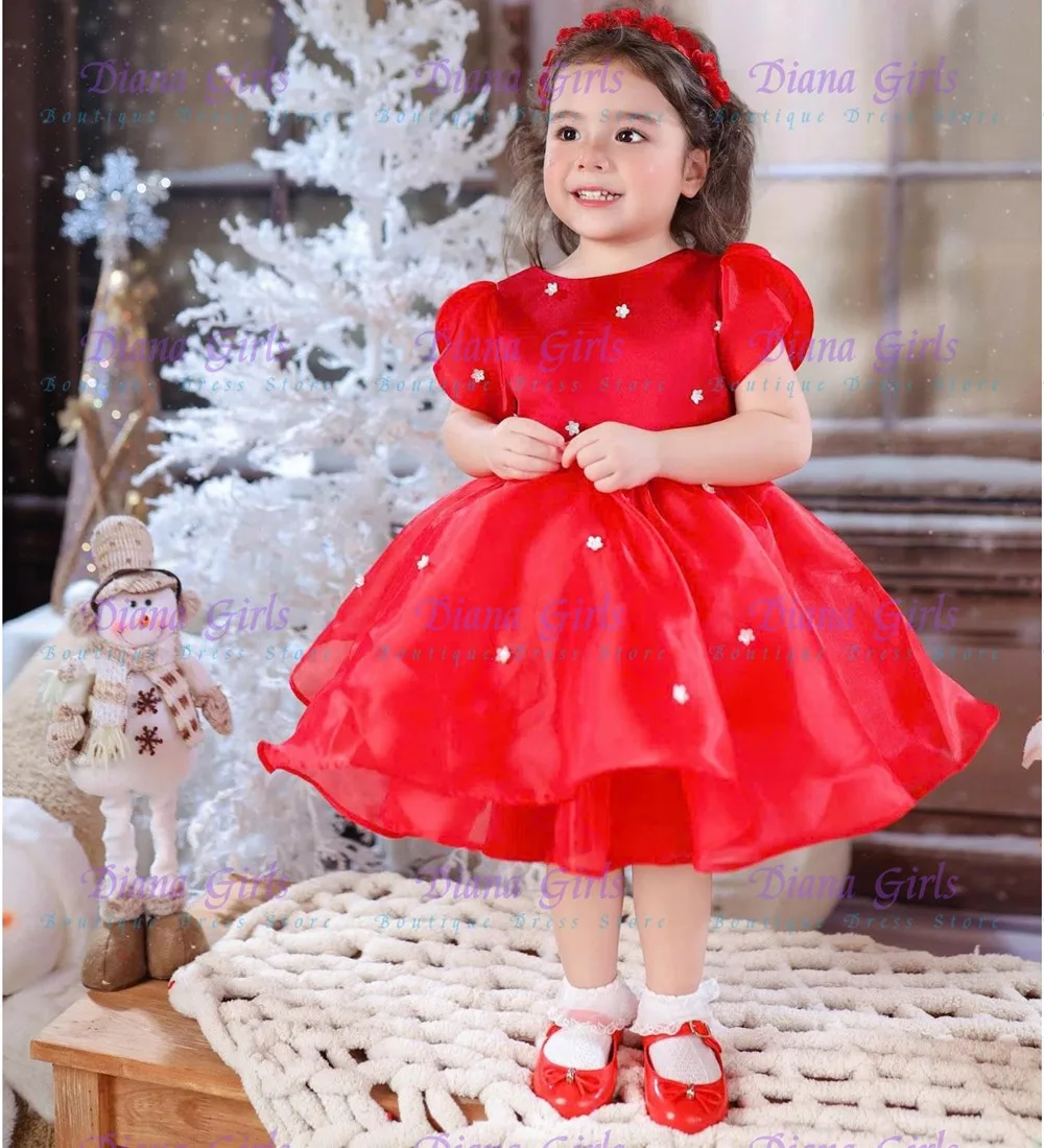 Lovely Christmas Quality Flower Girl Dress Exquisite Red Tulle Fluffy With Bow For Kids Birthday Party Evening Ball Gowns