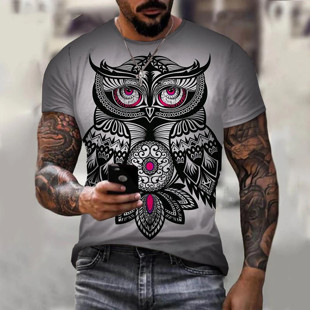 Fun Animal Owl 3D Print Summer Men\'s Round Neck T-shirt Casual Short Sleeve Oversized T Shirts Fashion Tee Tops Men Clothing