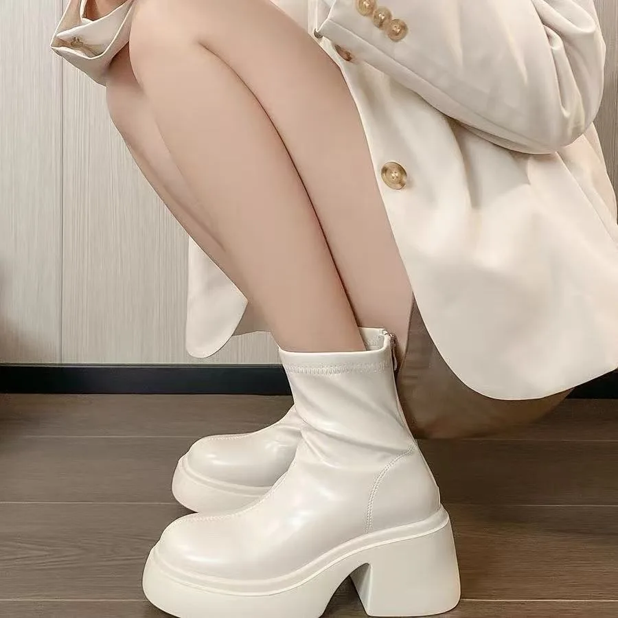 

Women's High Top Boots Fashion Casual Leather Boots Slim Elastic Boot Square Toe Platform Boots Punk Style Zipper Short Booties