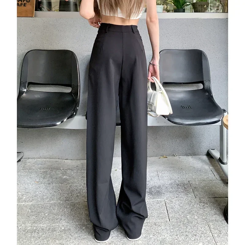 Women Daily Commute Solid Color Suit Pants Lady Baggy Wide Leg Straight Leg Trousers Female Designer High Waisted Draping Slacks