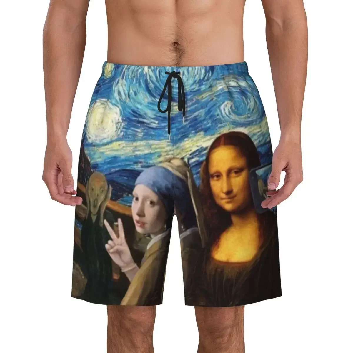 Starry Night By Mona Lisa And Vincent Van Gogh Board Shorts Men's Beach Shorts Briefs Art Painting Quick Dry Swimming Trunks