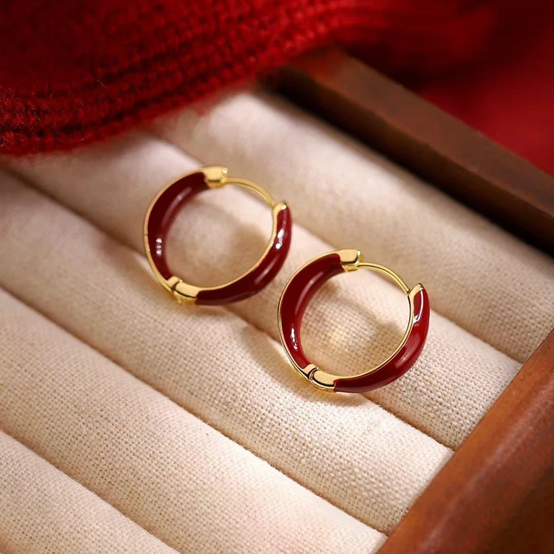 

925 Silver Needle Encore Red Round Hoop Earrings For Women Party Classic Fine Jewelry Light Luxury Exquisite Accessories