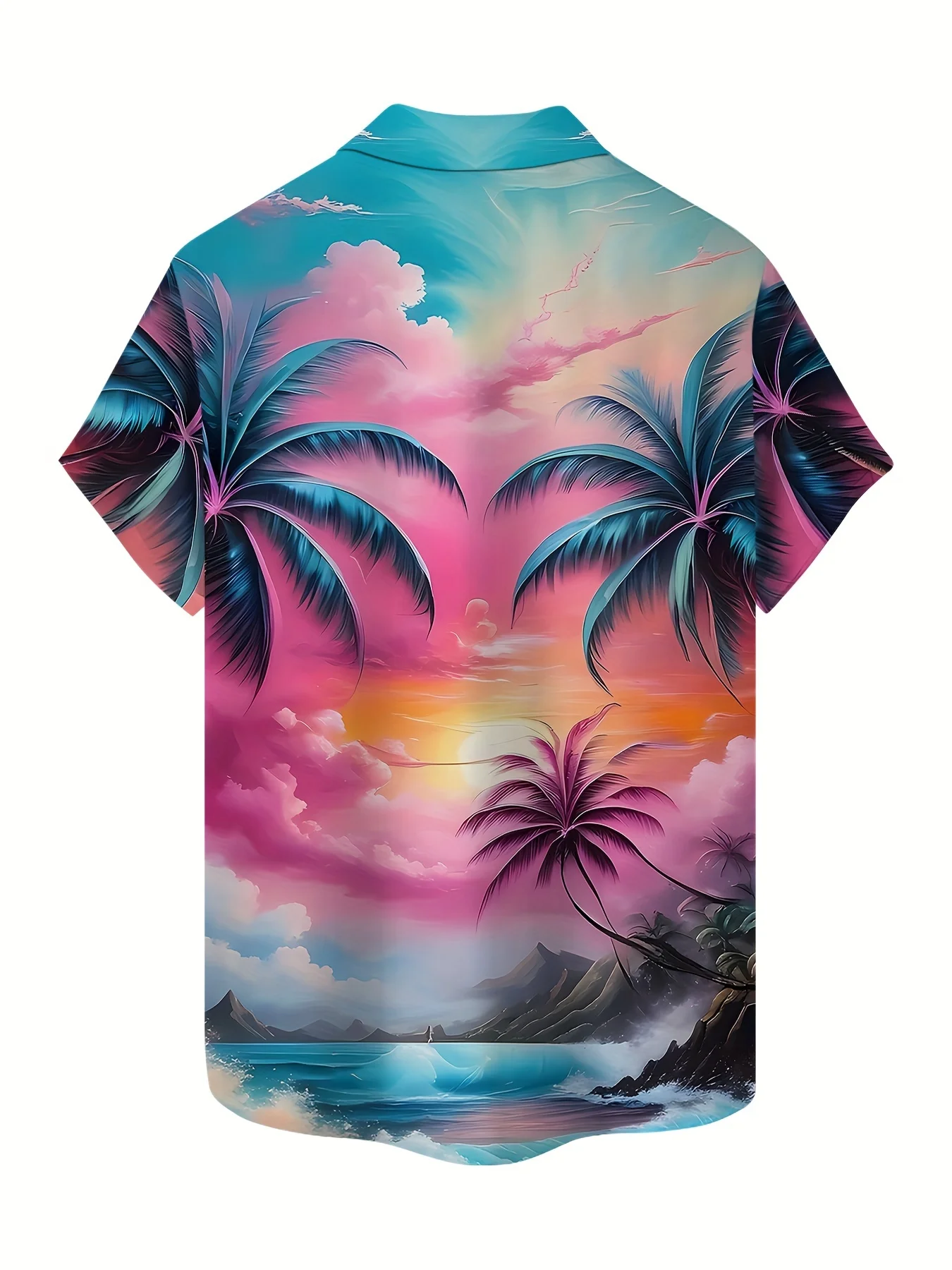 Men's tropical print shirt with vivid palm trees and sunset design. A casual short-sleeved shirt for relaxed beach wear. An ener