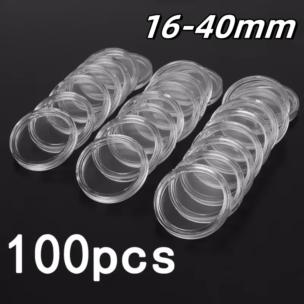 100Pcs 16/18/20-30/32/34/38/40mm Transparent Round Coin Storage Box Capsules Coin Collection Holder Containers Supplies Gift