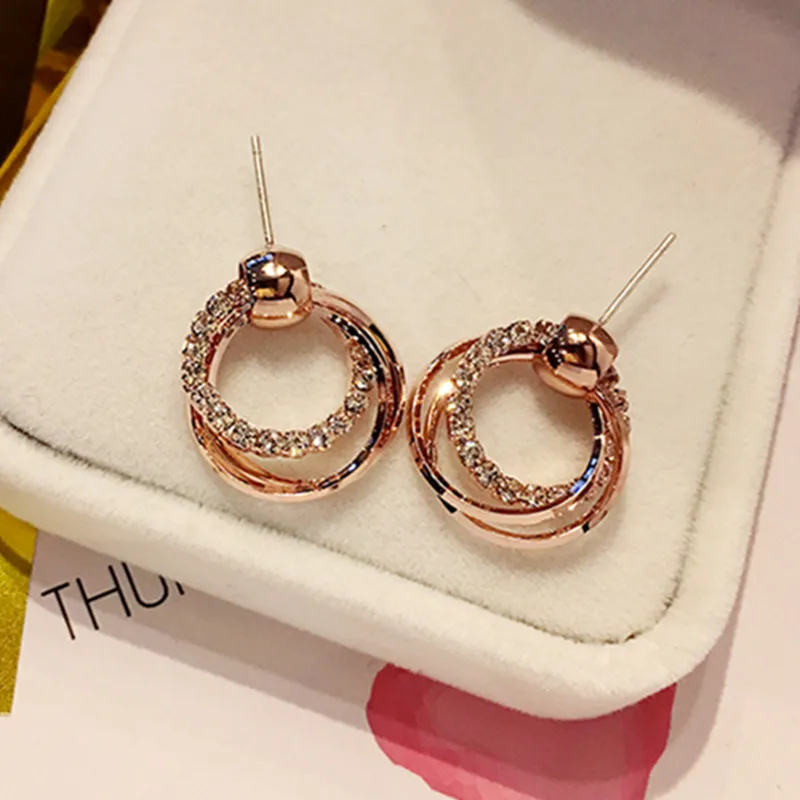 2024 New Fashion Crystal Earrings Rose Gold Color Geometric Round Circle Stud Earrings Gift For Women Girl Party Jewelry