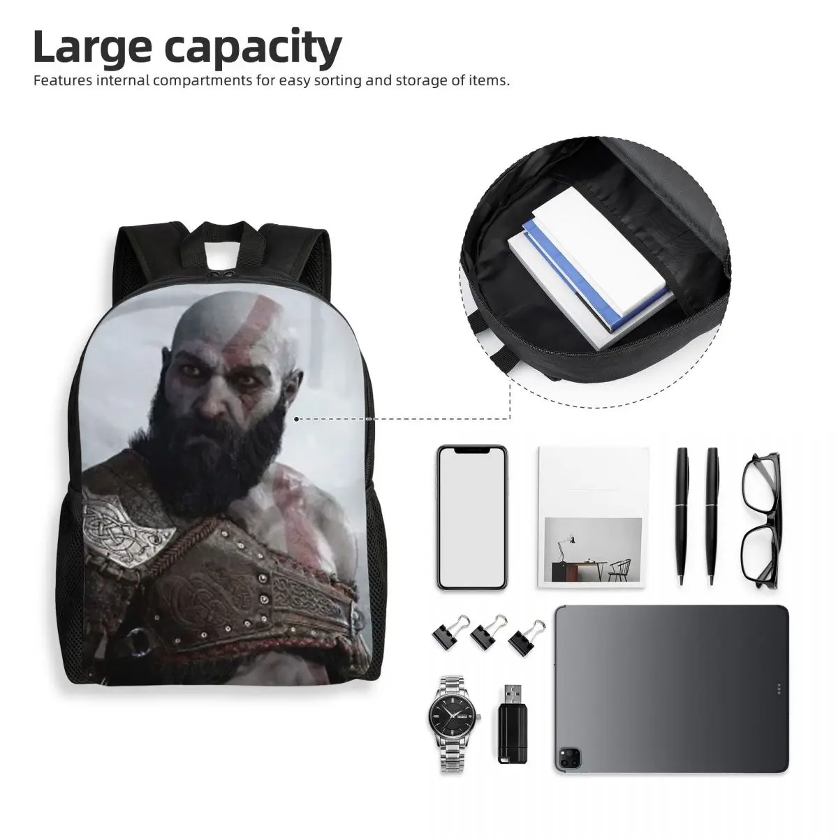 Skull Kratos God Of War กระเป๋าเป้สะพายหลังนักเรียนโรงเรียนกระเป๋าเดินป่า Daypack สําหรับชายหญิงแฟชั่น Bookbag ไหล่กระเป๋า