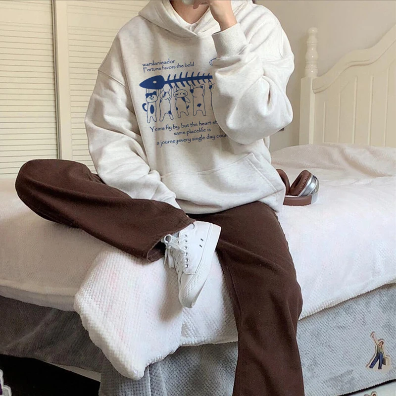 Koreanisches Kawaii-Katzenmuster, lässiges Oversize-Kapuzenpullover für Damen, 2025, Winter, Retro-Samt, Oversize-Damen-Sweatshirt, Y2k