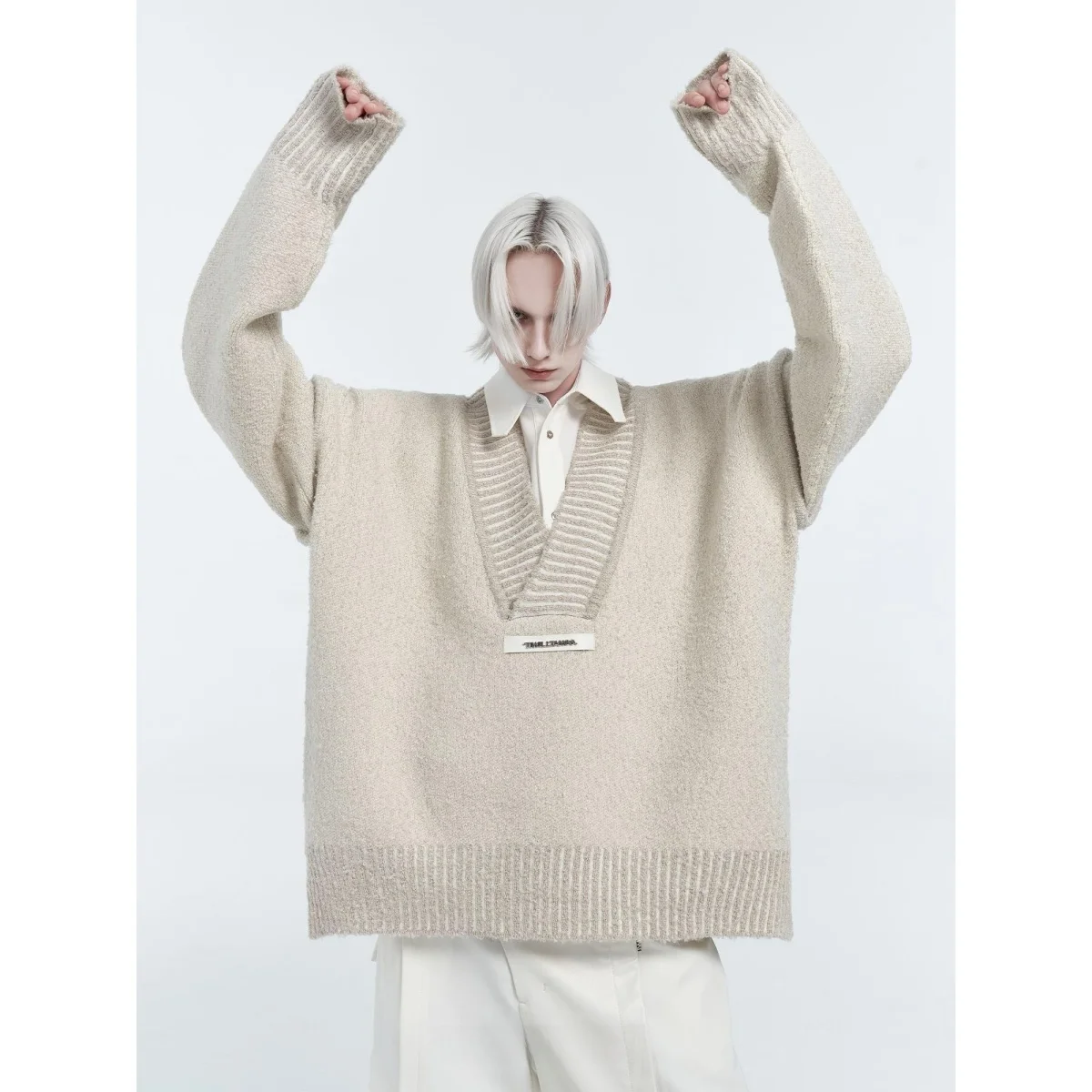 

Мужской трикотаж Color Blo Design V-Ne с асимметричным подолом, свободный крой, зимний модный повседневный длинный свитер из полиэстера