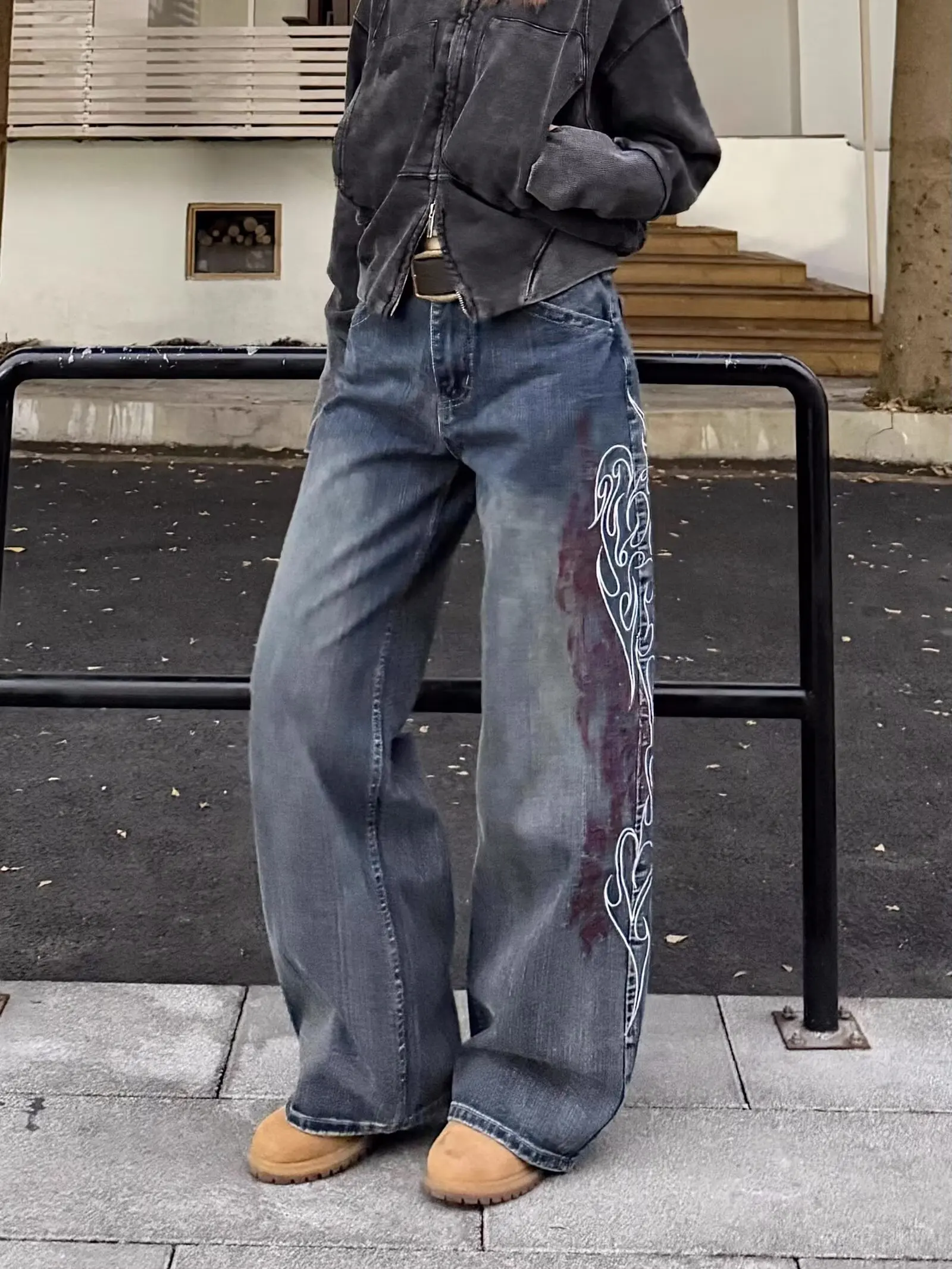 

Новые модные джинсы с вышивкой American Heavy Industries Y2kRetro, универсальные свободные широкие брюки в пол для девочек High Street