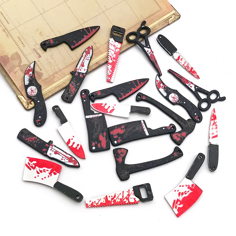 10/20pcs Resin Halloween Imitation Bloody Knife Charm Scissors Axe Saw Pendant Earrings Bracelet Necklace DIY Jewelry