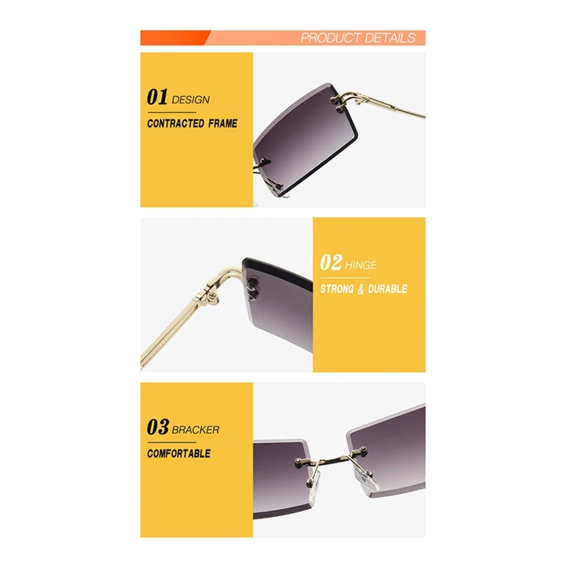 3 Pairs Of Rimless Rectangular Colored Retro Transparent Square Glasses Unisex Suitable For Daily Wear