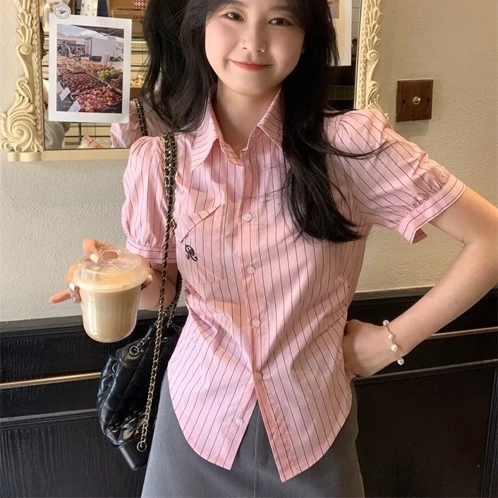 

Ele Striped ort Sve irt Women's Summer Top Age-Defng Bubble Sve Commute Sle Korean Version Button Design