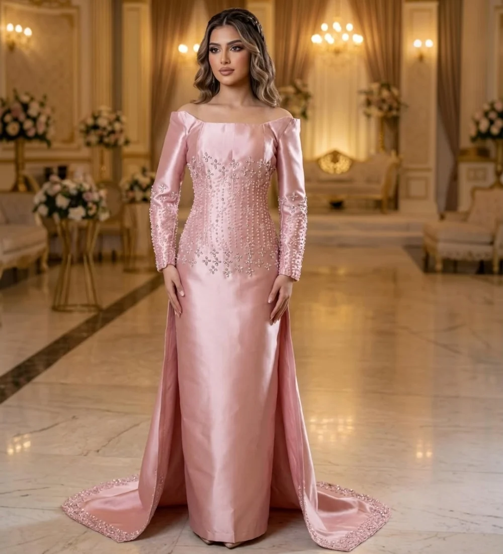 Customized Exquisite Charmeuse Pleat Sequined Pattern Straight Off-the-shoulder Long Bespoke Occasion Party Dresses Formal
