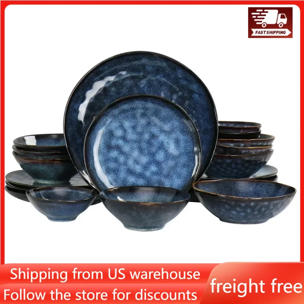 

20 Pieces Round Stoneware Triple Bowl Dinnerware Set in Blue Food Plate Free Shipping Tableware Set of Plates Dinner Sets Dish