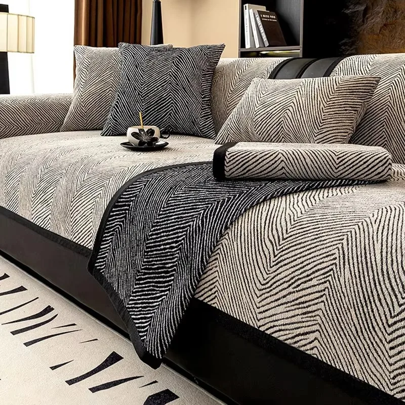 Black White Chenille Sofa Pad Modern Anti-Scratch Anti-Stain All Season Washable Couch Mat Living Room Decor