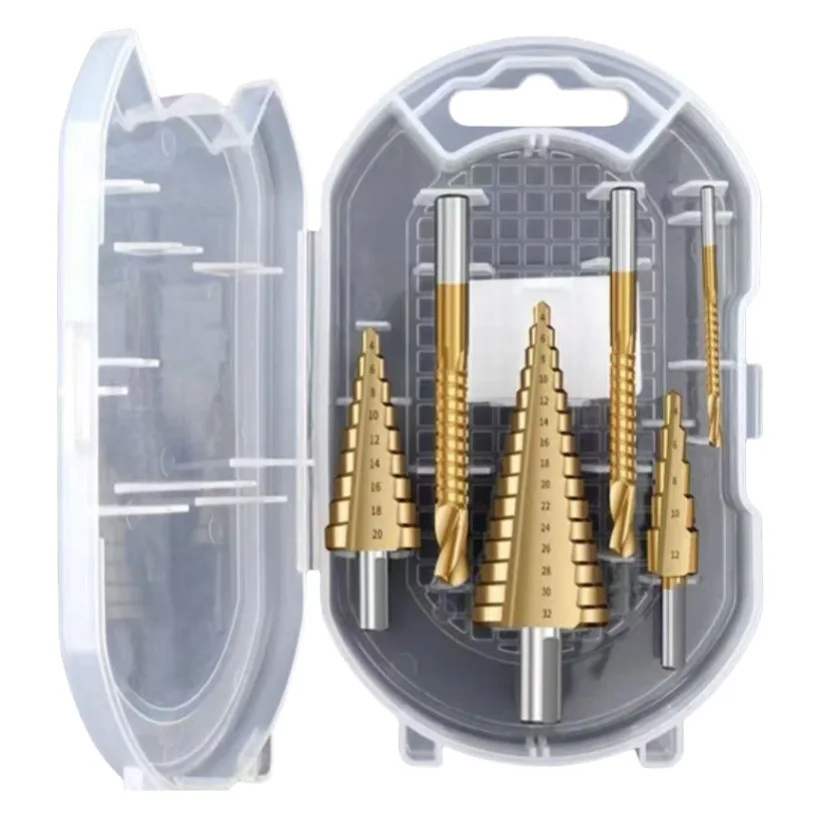 

6PCS Titanium Coated Serrated Step Drill Bits Set, Triangular Shank Pagoda Hole Drilling Bits with White Transparent Storage Box