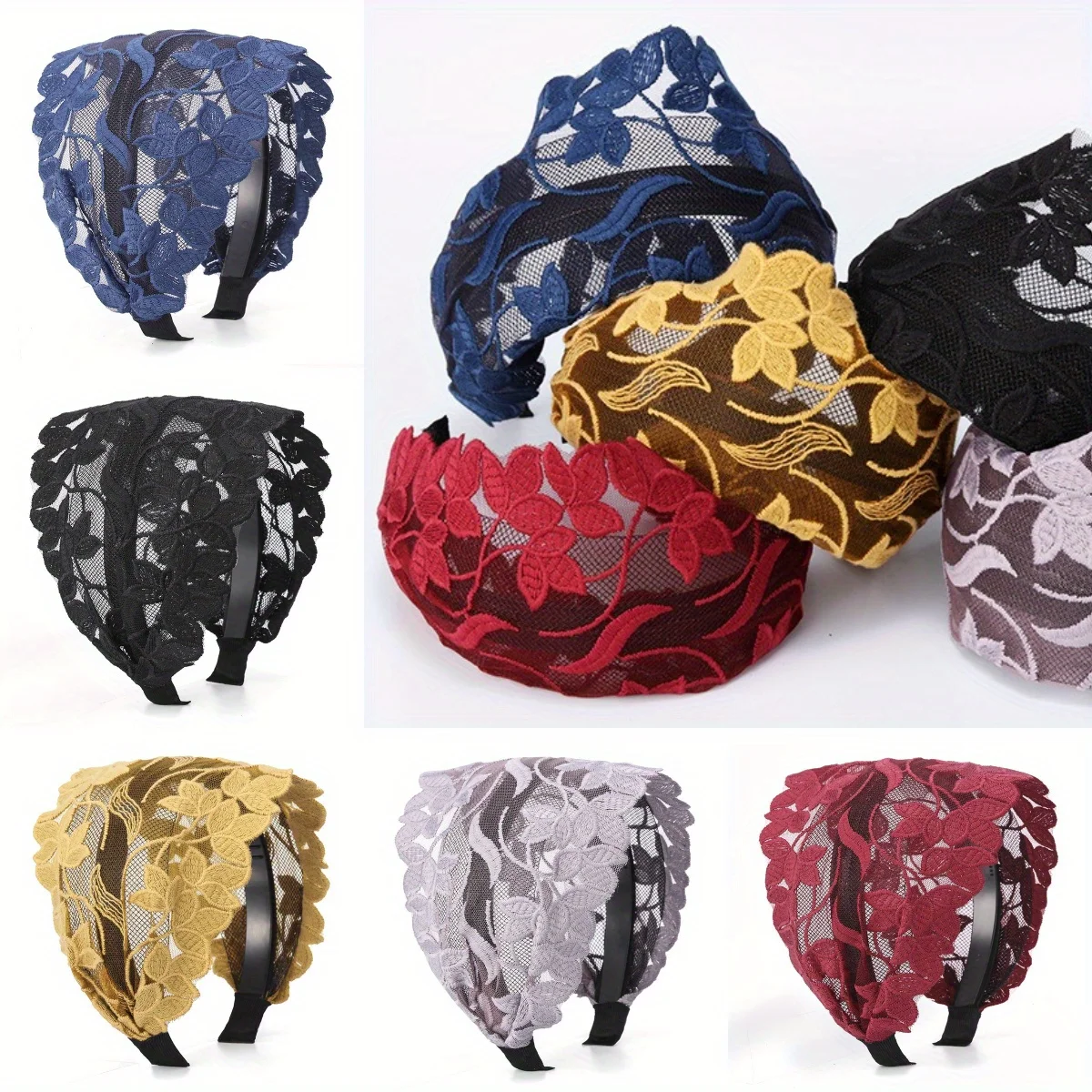 

Vintage Lace Headband Wide Turban Style Crochet Hair Hoop with Floral Mesh Design Elegant Headwear for Women Hair Accessories