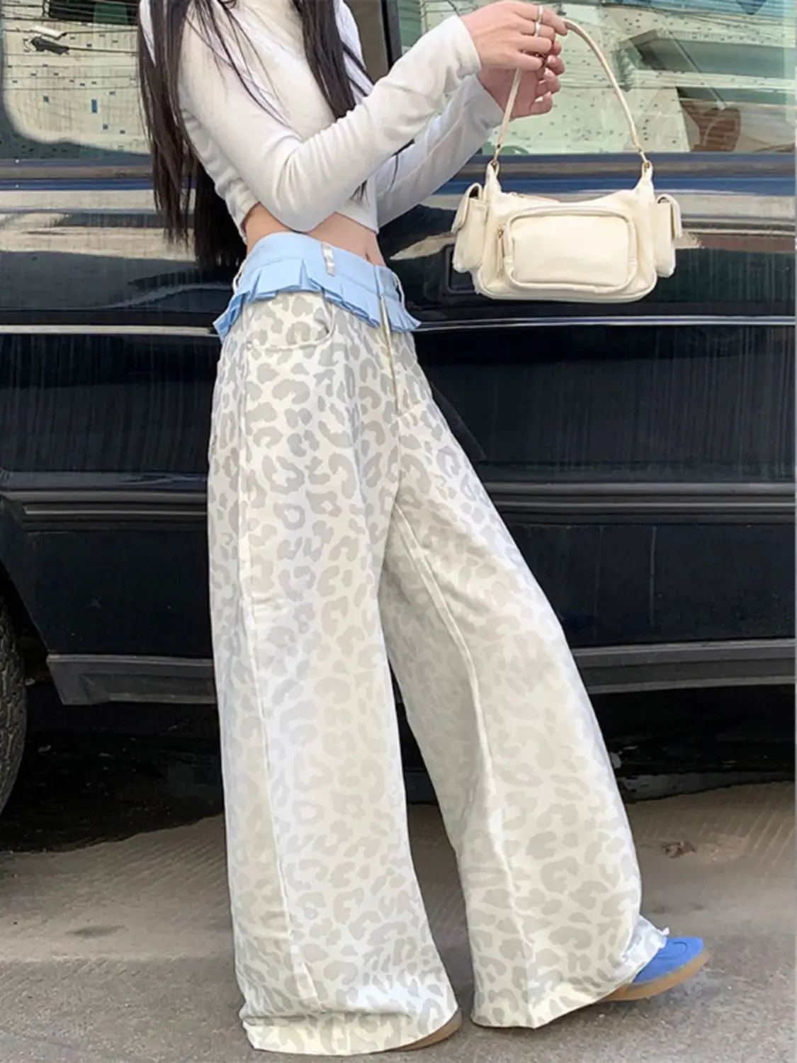Retro Small Skirt Splicing Casual Pants for Women 2025 New Color Contrast Leopard Pattern Loose Wide Leg Pants