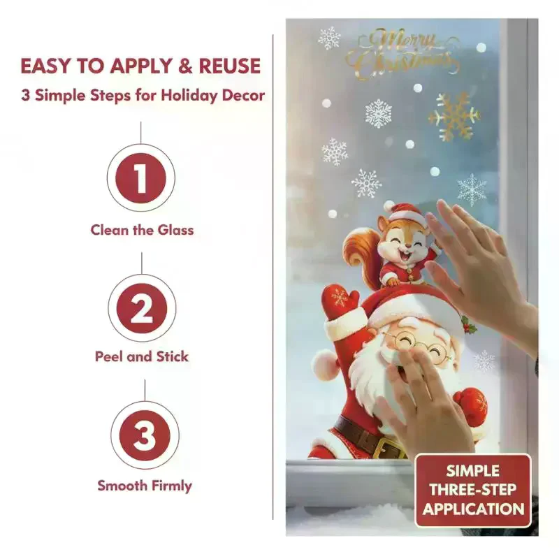 2 Pcs Christmas Window Stickers With Adorable Santa Reindeer Squirrel Cat Designs For Home Xmas Holiday Decoration
