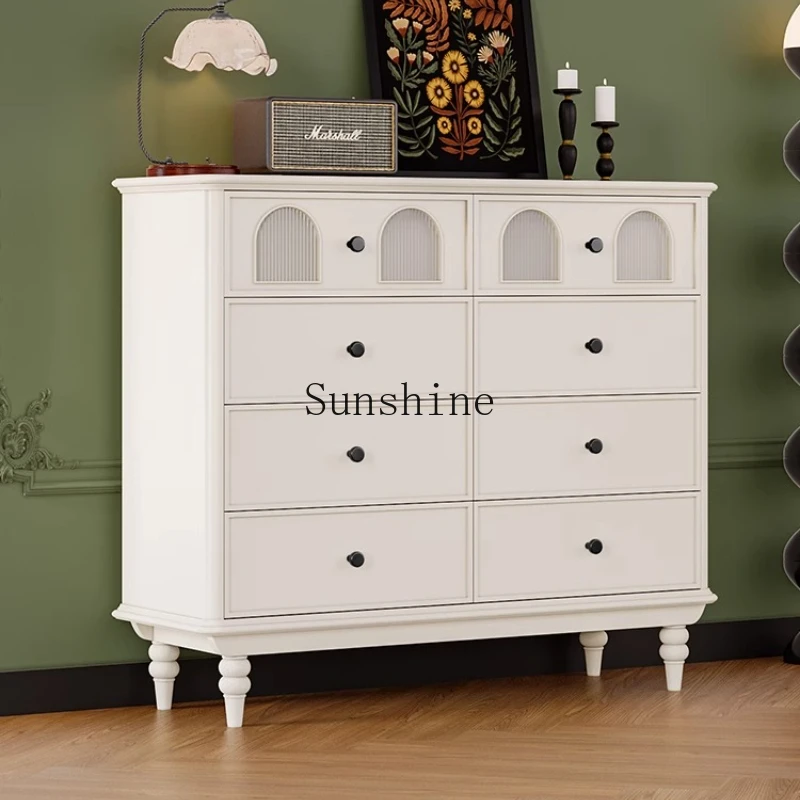 

French retro white solid wood glass eight-bucket cabinet living room sofa side cabinet