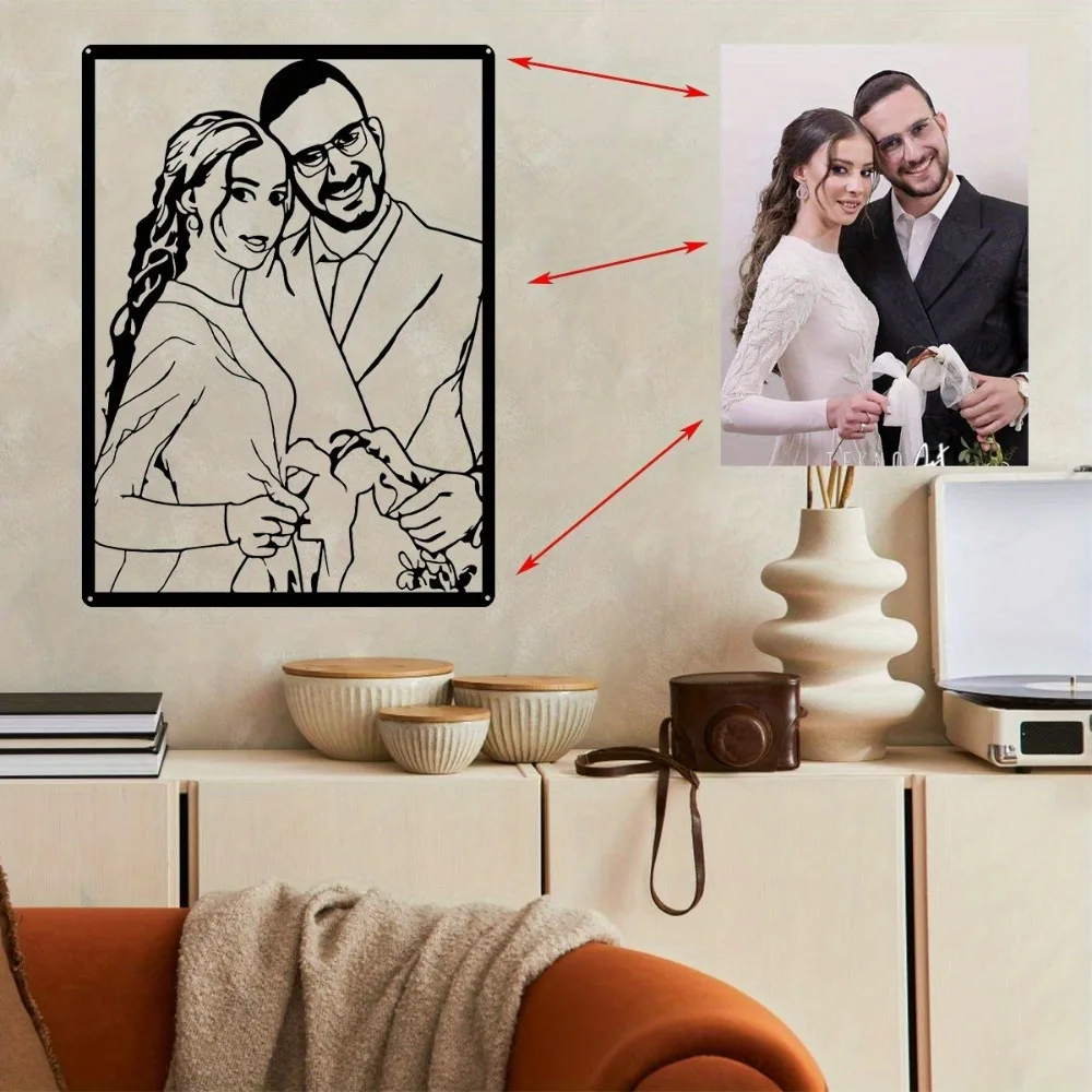 1pc Unique Framed Custom Metal Portrait, Personalized Photo Line Art Wall Decor, Elegant Gift For Loved Ones Home Decoration (On