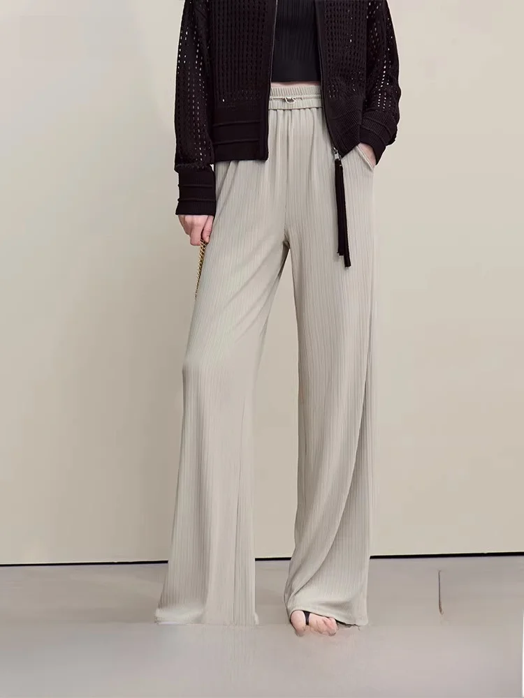 

i Spring 2026 Women's Casual Loose Wide Leg Pants Elastic Waist Texture Casual Drapey Long Trousers Versatile Faion