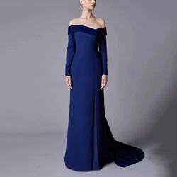 Customized Yipeisha Simple Elegant Blue Jersey Evening Dress Off the Shoulder Full Sleeves Split Floor Length With Sweep Train P