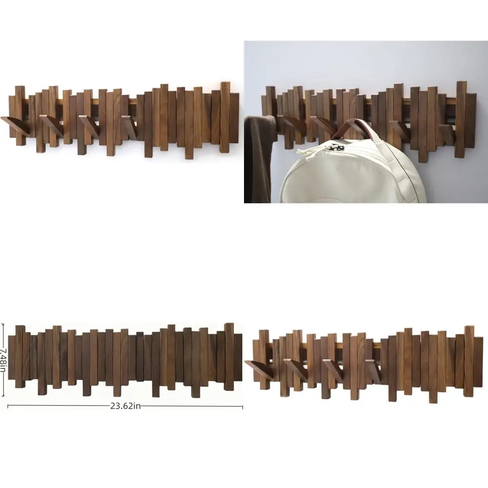 

Elegant Black Walnut Wall-Mounted Piano Coat Rack with 6 Flip-Down Hooks