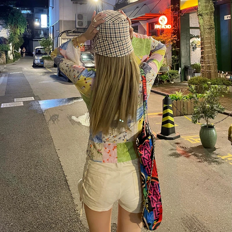 Mesh T-shirts Women Sunproof Colorful Print Patchwork Spring Summer Thin Hotsweet Flare Sleeve Slim Tops Design Outerwear Chic