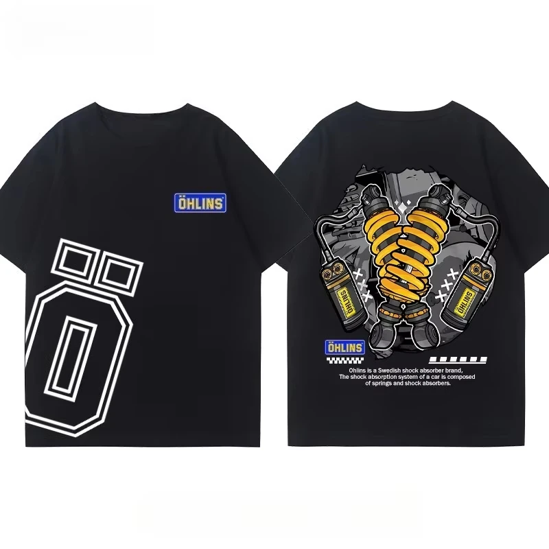 OHLINS Motorcycle Shock Absorber Modified T-shirt Clothes Casual Trendy Brand Men's Women's Car Club Crew Neck Short-sleeved Top